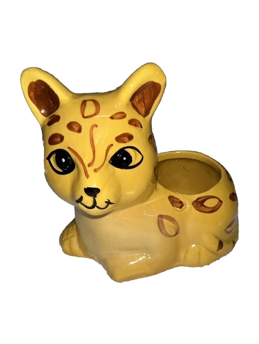 Planter Pot Ceramic Animal Jaguar Cheetah Cat Kitty Yellow Succulent 3D Plants